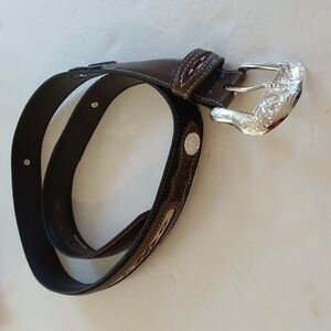 Nocona Mens Black leather belt Silver Buckle/ Conchos Brown inlay Sz.44